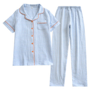 Small checkered crepe short-sleeved shirt and pants set, 2 colors